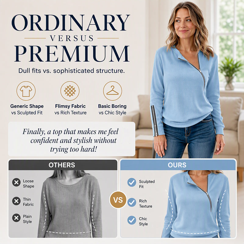 🧶 Asymmetric Zip, Flattering Ribbed Texture | Women's Knit Top