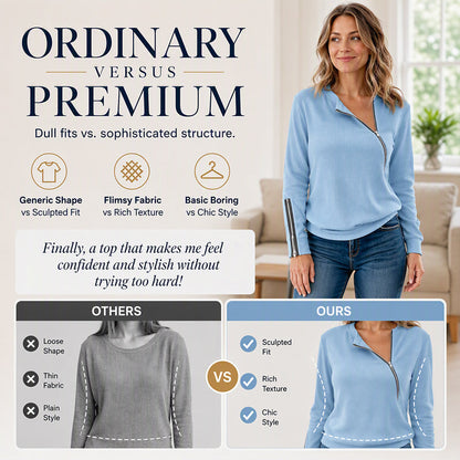 🧶 Asymmetric Zip, Flattering Ribbed Texture | Women's Knit Top