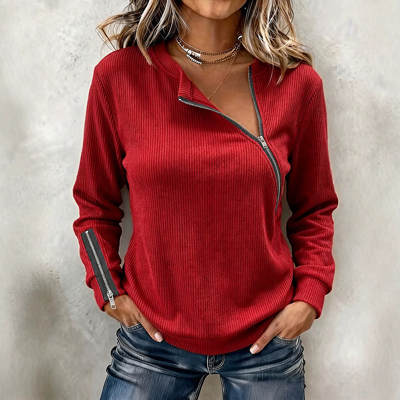 🧶 Asymmetric Zip, Flattering Ribbed Texture | Women's Knit Top