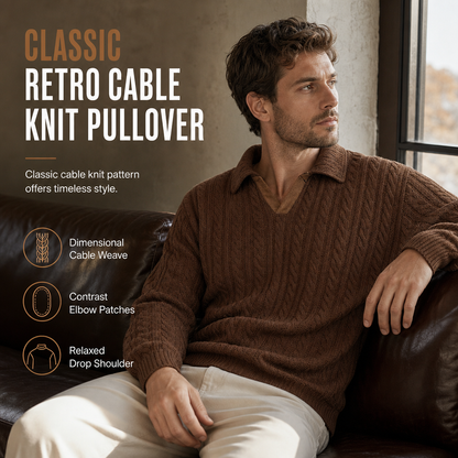 🧶 Rich Cable Texture, Rugged Elbow Detail | Men's Collared Knit Pullover