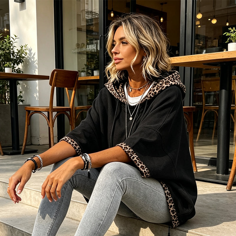 🐆 Leopard Detail, Easy Style | Women's Loose-Fit Drawstring Hoodie