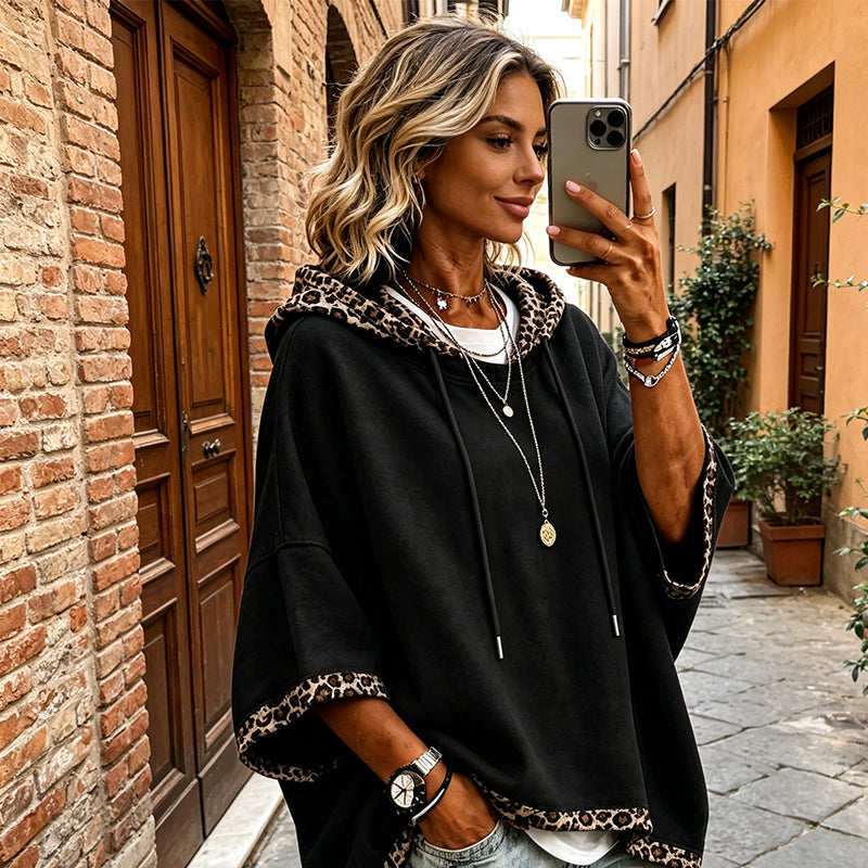 🐆 Leopard Detail, Easy Style | Women's Loose-Fit Drawstring Hoodie