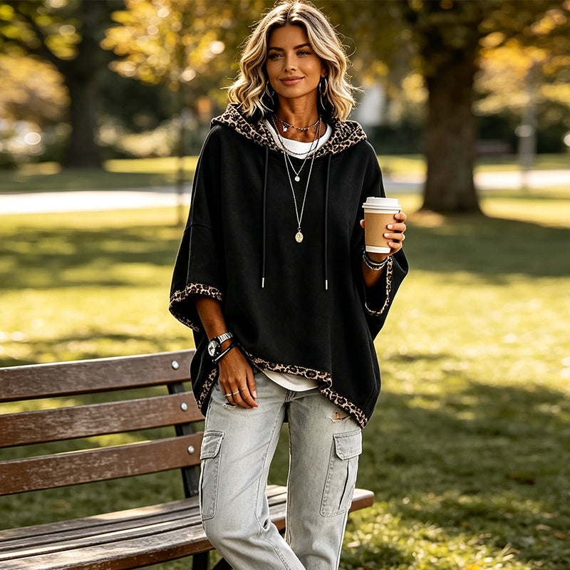 🐆 Leopard Detail, Easy Style | Women's Loose-Fit Drawstring Hoodie