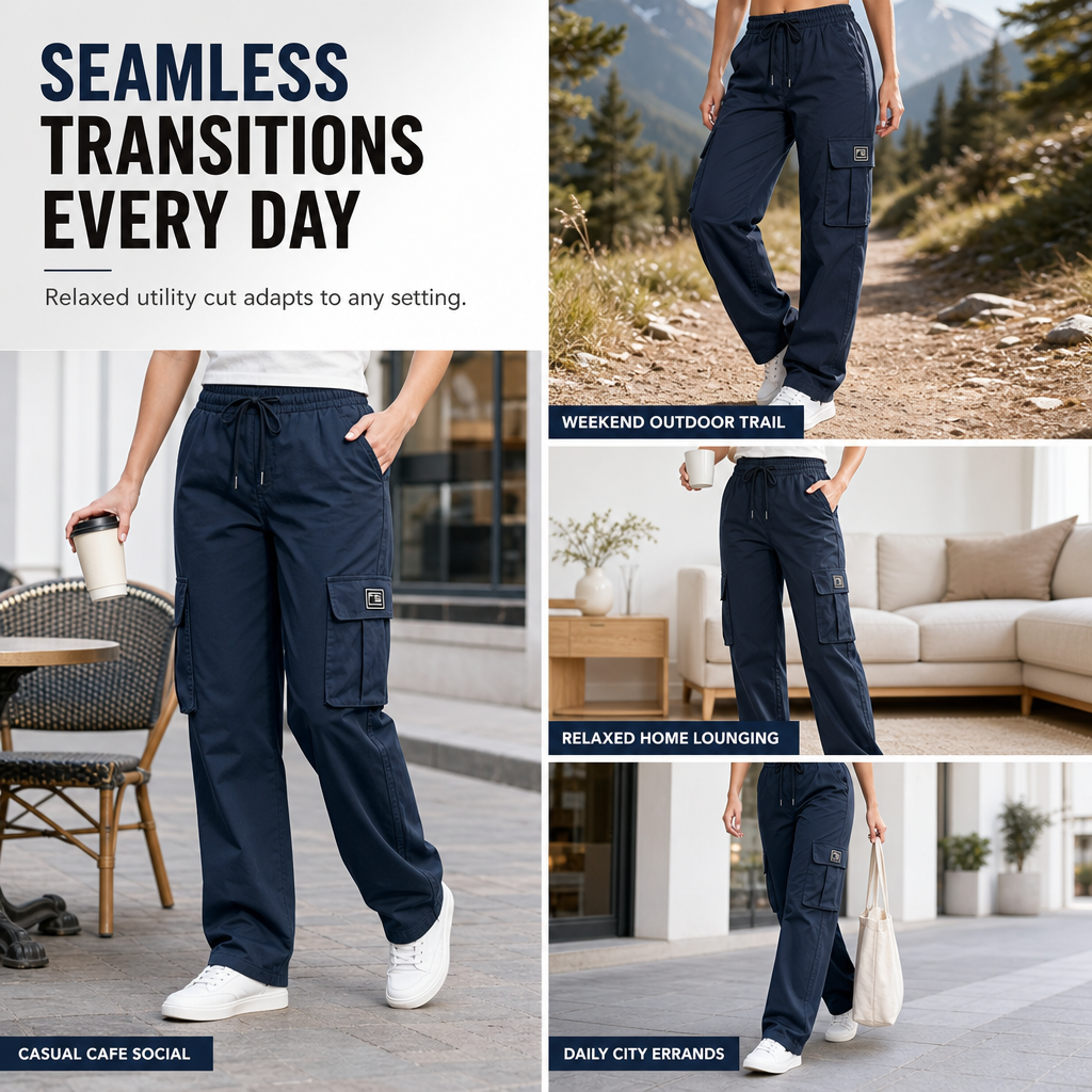Women's Relaxed Fit Straight Leg Cargo Pants with Elastic Drawstring Waist and Side Utility Pockets