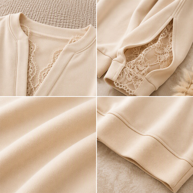 ✨ Feminine Detail | Women’s V-Neck Lace Insert Top with Slit Sleeves