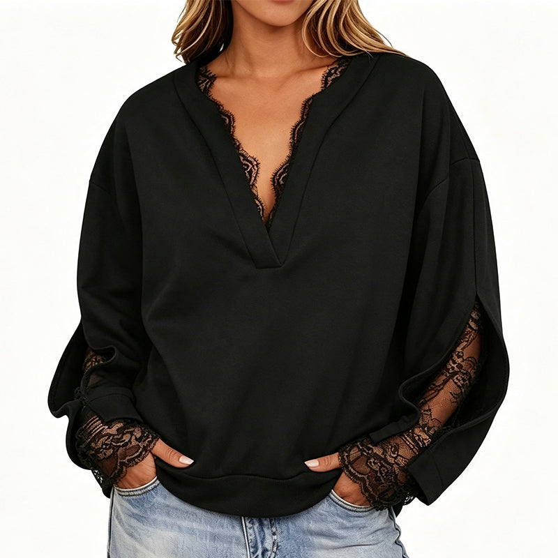 ✨ Feminine Detail | Women’s V-Neck Lace Insert Top with Slit Sleeves