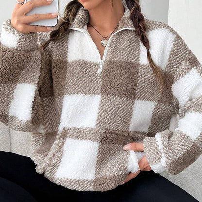 Women's Loose Fit Plaid Patchwork Sherpa Jacket