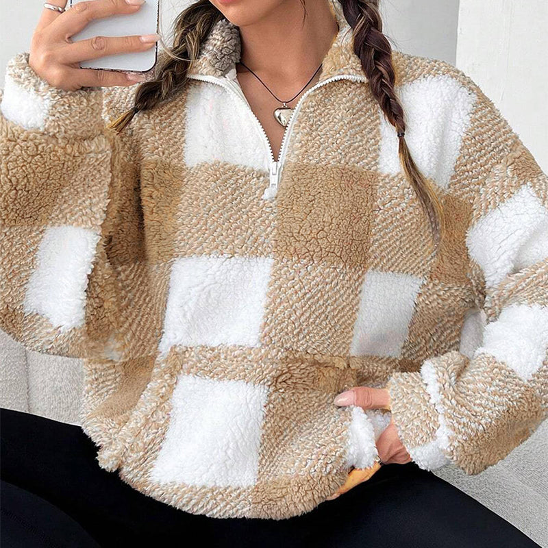 Women's Loose Fit Plaid Patchwork Sherpa Jacket