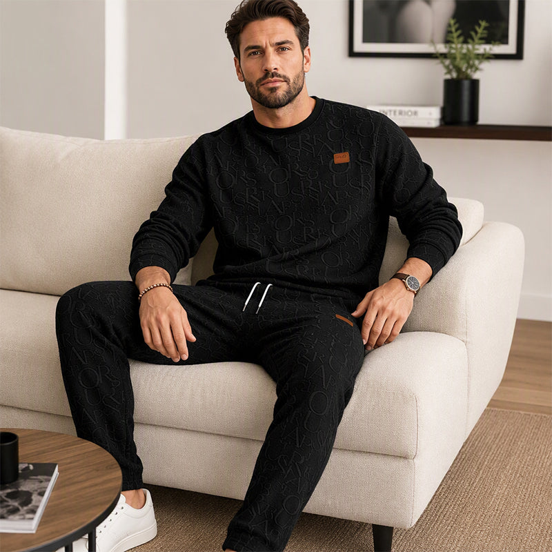 Men's Jacquard Letter Sweatshirt & Drawstring Pants Set