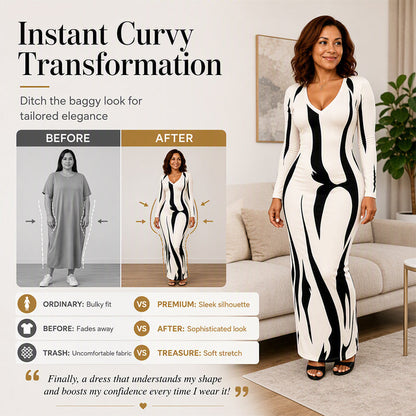Women's Printed Long Sleeve Bodycon Maxi Dress