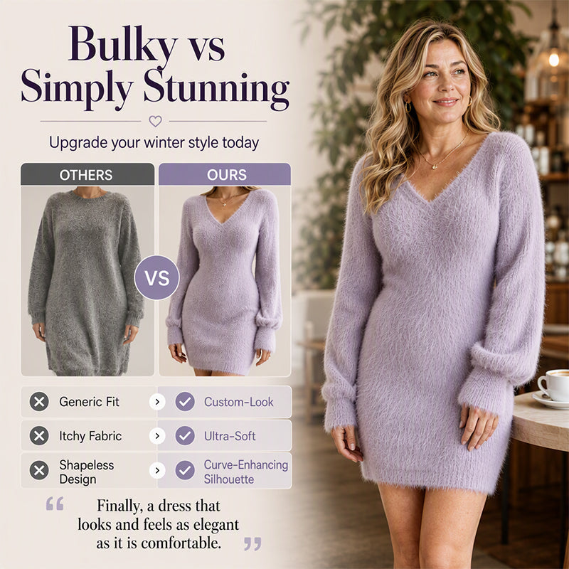 Women's V-Neck Fuzzy Knit Mini Dress