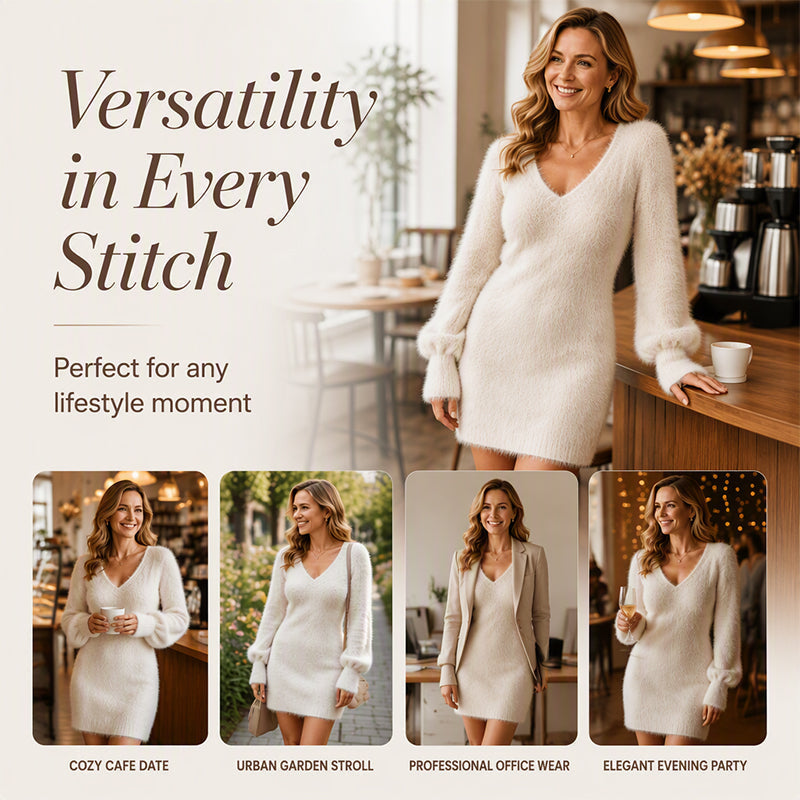 Women's V-Neck Fuzzy Knit Mini Dress