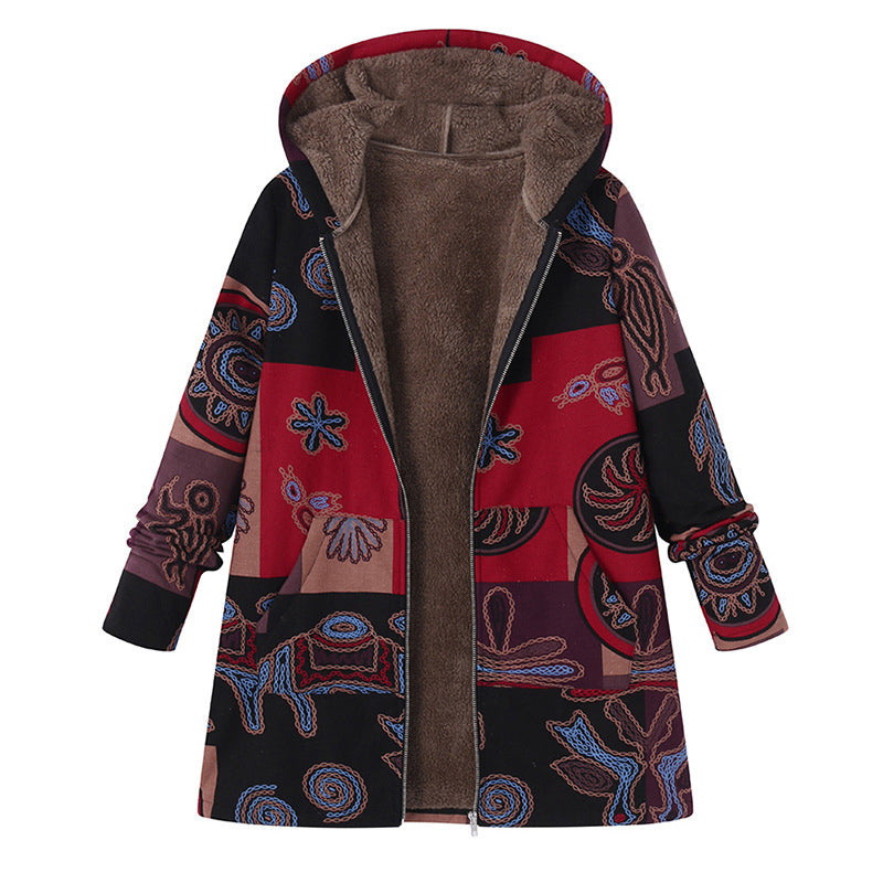 🍂 Artistic Everyday Style | Women’s Vintage Leaf Print Hooded Coat