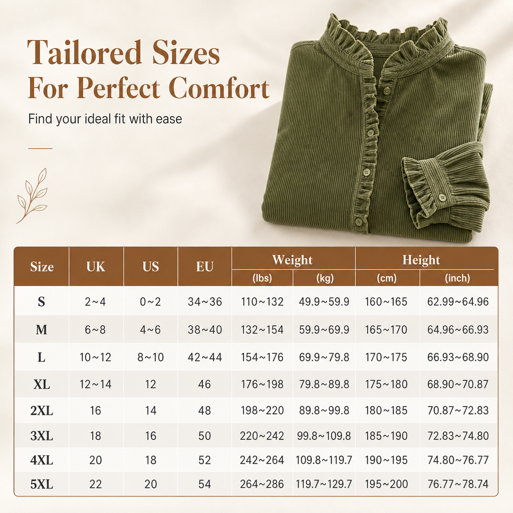 ✨ Vintage Feminine Detail | Women’s Corduroy Ruffle-Collar Blouse with Lantern Sleeves
