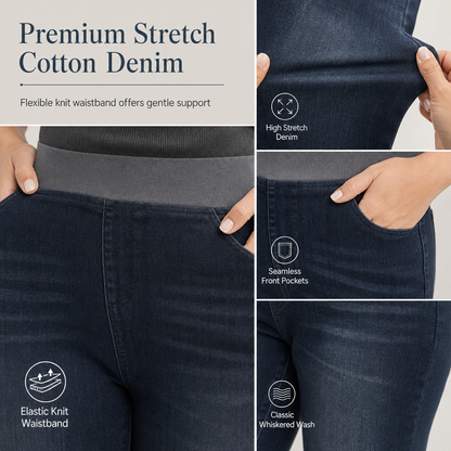Women's High-Rise Pull-On Slim Fit Dark Wash Denim Jeans with Wide Elastic Waistband