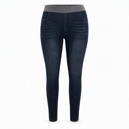 Women's High-Rise Pull-On Slim Fit Dark Wash Denim Jeans with Wide Elastic Waistband
