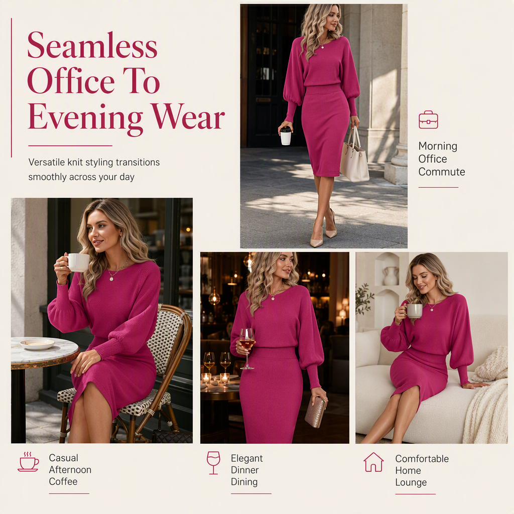 ✨ Defined Waist, Elegant Batwing Drape | Women's Ribbed Knit Midi Dress