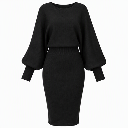 ✨ Defined Waist, Elegant Batwing Drape | Women's Ribbed Knit Midi Dress