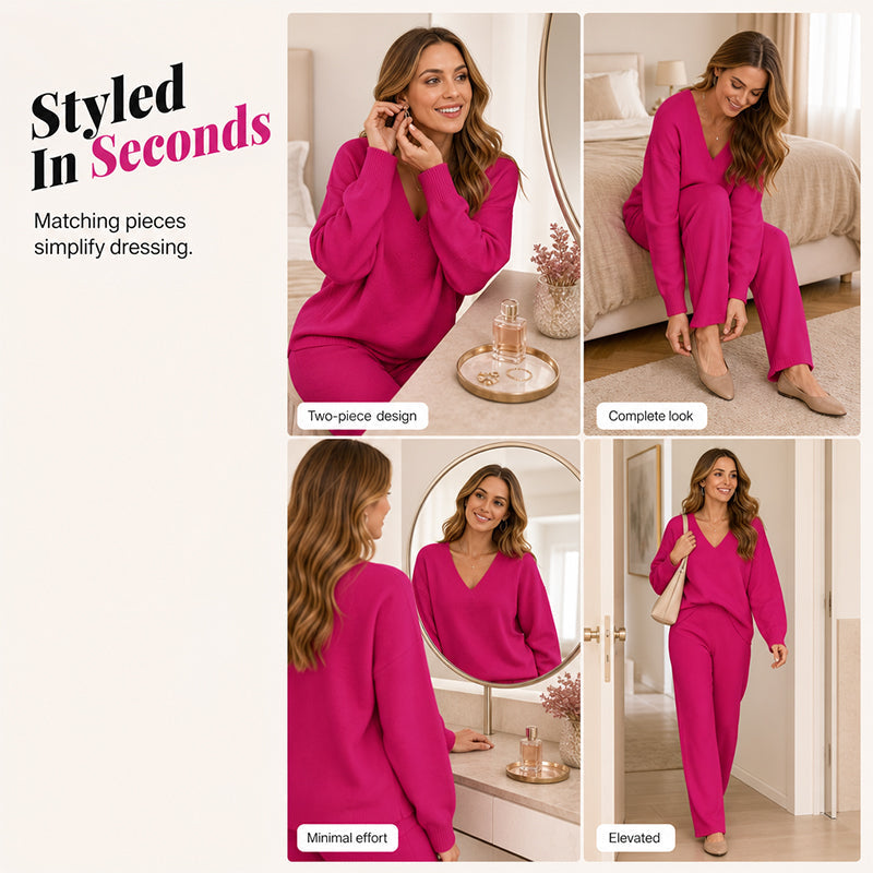 Women's Knit V-Neck Sweater & Wide-Leg Pants Set