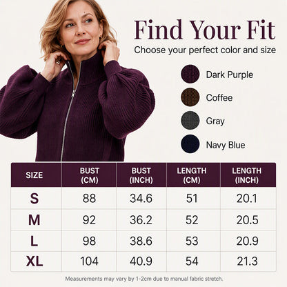 Women's Lantern Sleeve Zip-Up Knit Sweater – Elegant Sleeves, Cozy Fit, Everyday Style