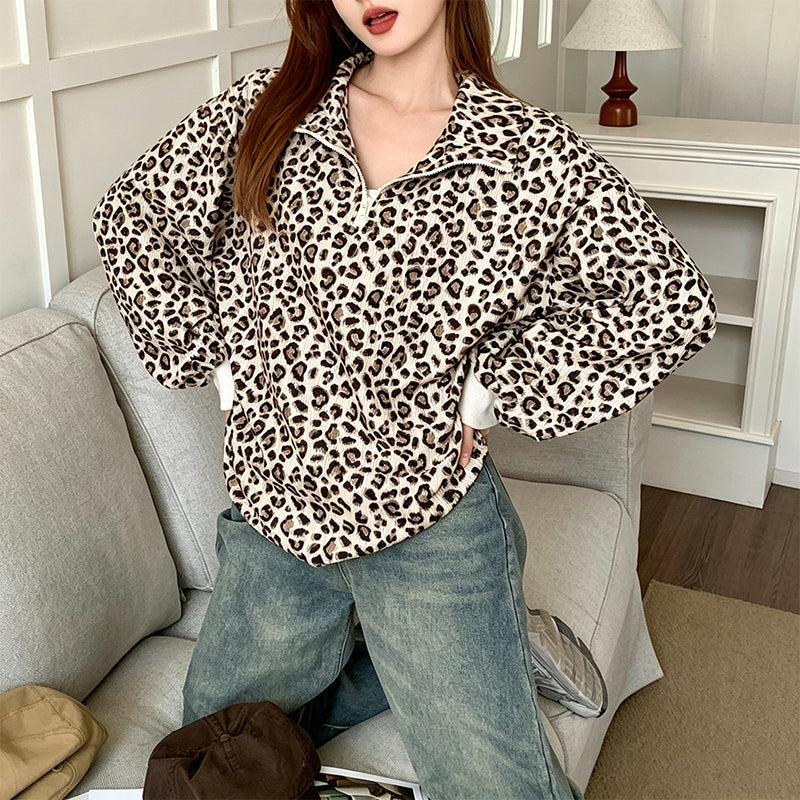 🐆 Bold Leopard Print, Easy Quarter-Zip Style | Women's Sweatshirt