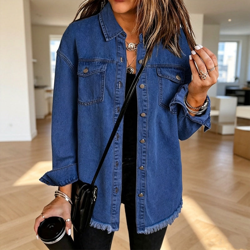👚 50% OFF NOW! 💙 Women's Raw Edge Ripped Denim Jacket – Street Fashion, Multiple Pockets & Easy to Pair ✨
