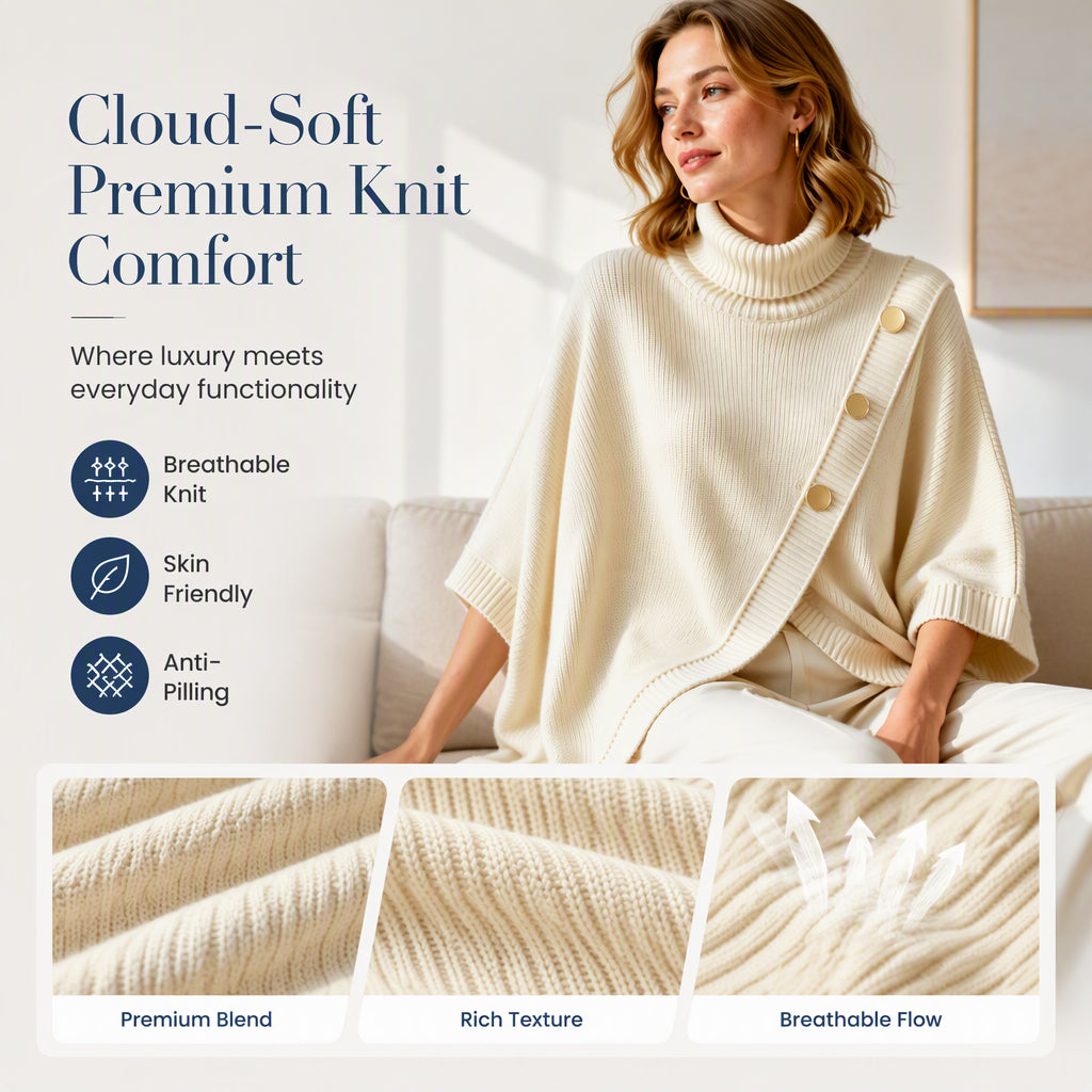 Women's Asymmetric Turtleneck Poncho Knit Sweater