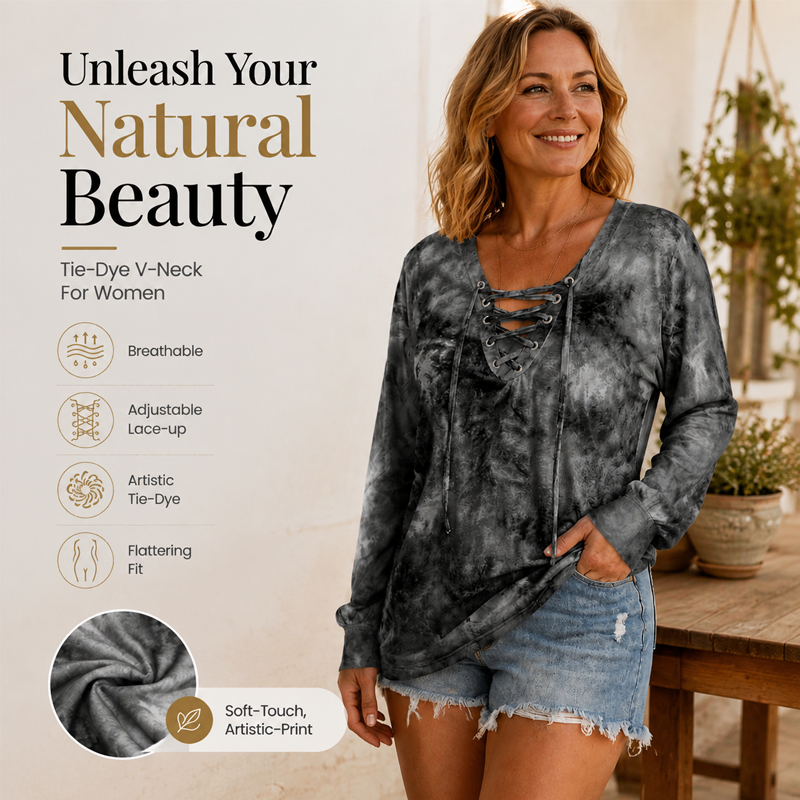 Women's Tie-Dye Printed Lace-Up V-Neck Top