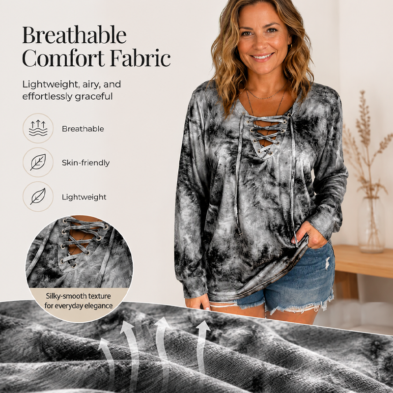 Women's Tie-Dye Printed Lace-Up V-Neck Top