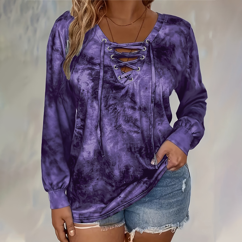 Women's Tie-Dye Printed Lace-Up V-Neck Top