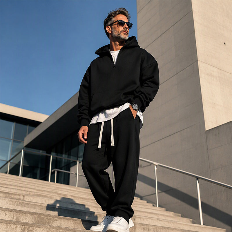 Men's Casual Half-Zip Hoodie & Wide-Leg Pants Set