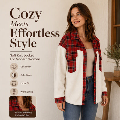 Women's Plaid Plush Patchwork Button-Down Jacket