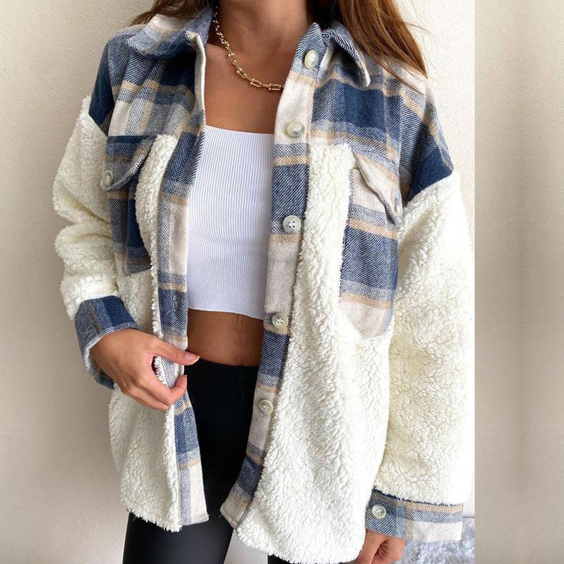 Women's Plaid Plush Patchwork Button-Down Jacket