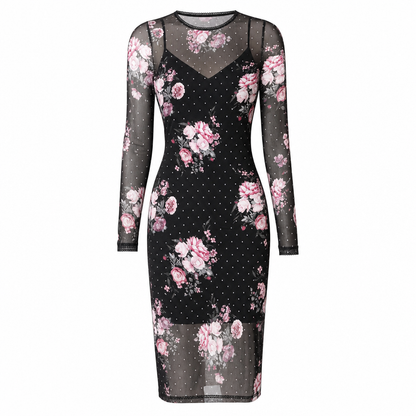 Women's 2 Piece Dress Set with Long Sleeve Mesh Chain Print Bodycon Midi Dress and Inner Slip Dress