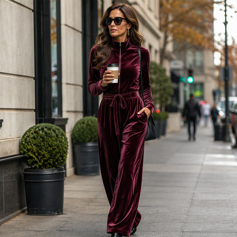 Women's Chic Stand Collar Velvet Jumpsuit