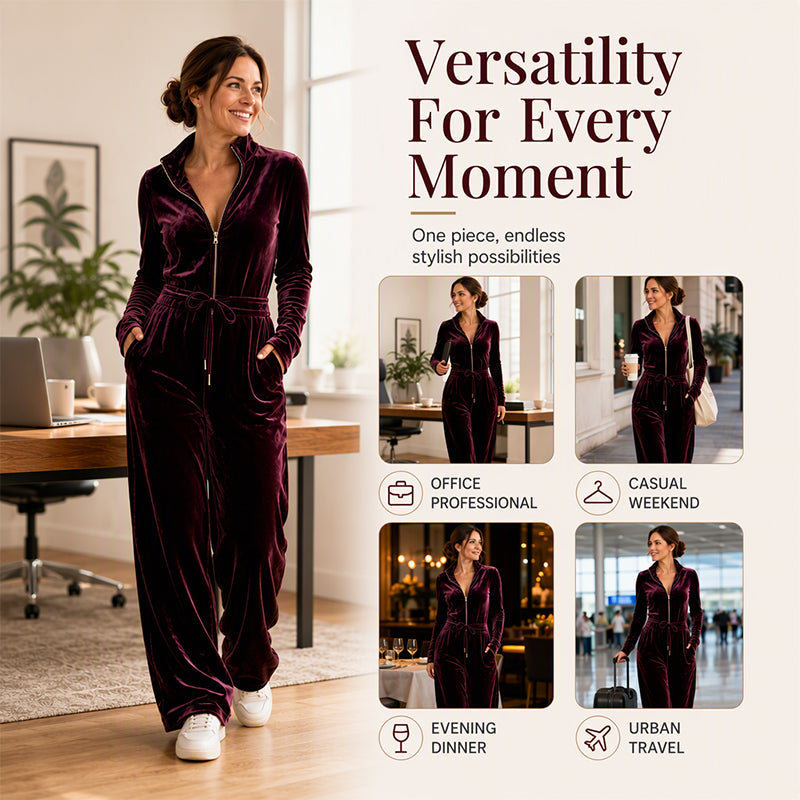Women's Chic Stand Collar Velvet Jumpsuit