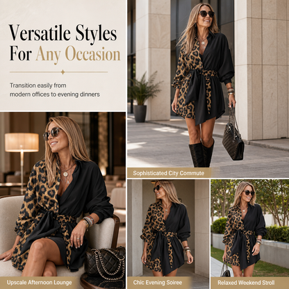 🖤Black Friday Sale:50% OFF🖤 🐆Women's Leopard Print Contrast Patchwork Long Sleeve Shirt Mini Dress with Belt