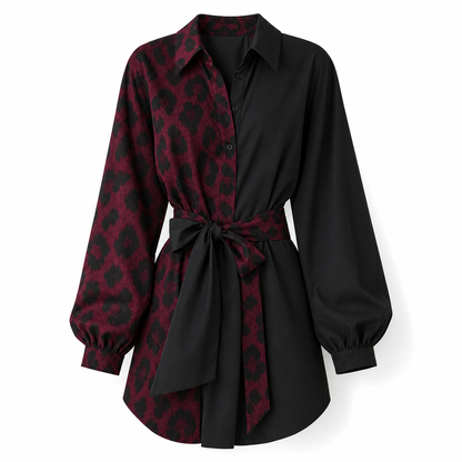 🖤Black Friday Sale:50% OFF🖤 🐆Women's Leopard Print Contrast Patchwork Long Sleeve Shirt Mini Dress with Belt