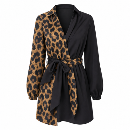 🖤Black Friday Sale:50% OFF🖤 🐆Women's Leopard Print Contrast Patchwork Long Sleeve Shirt Mini Dress with Belt