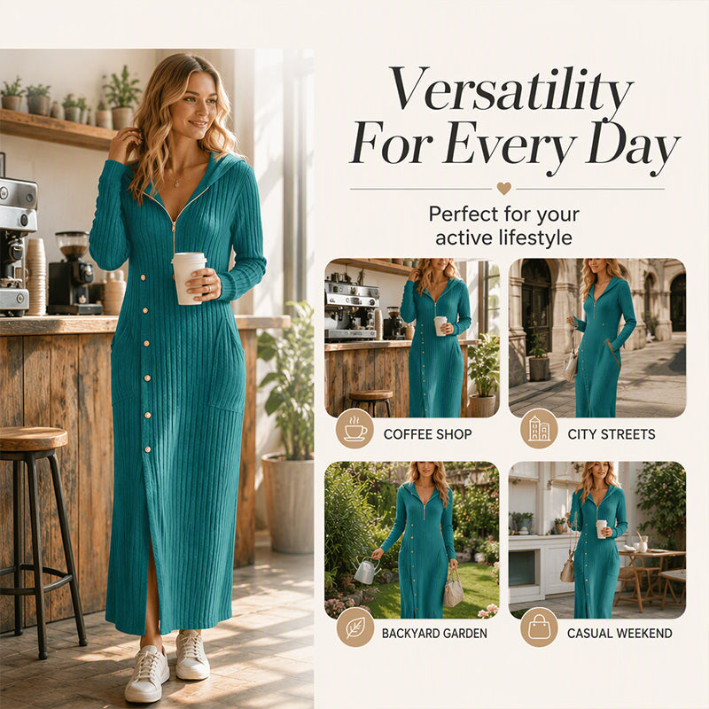 ✨Cozy Ribbed Knit!👗Women's Hooded Maxi Dress 🛍️
