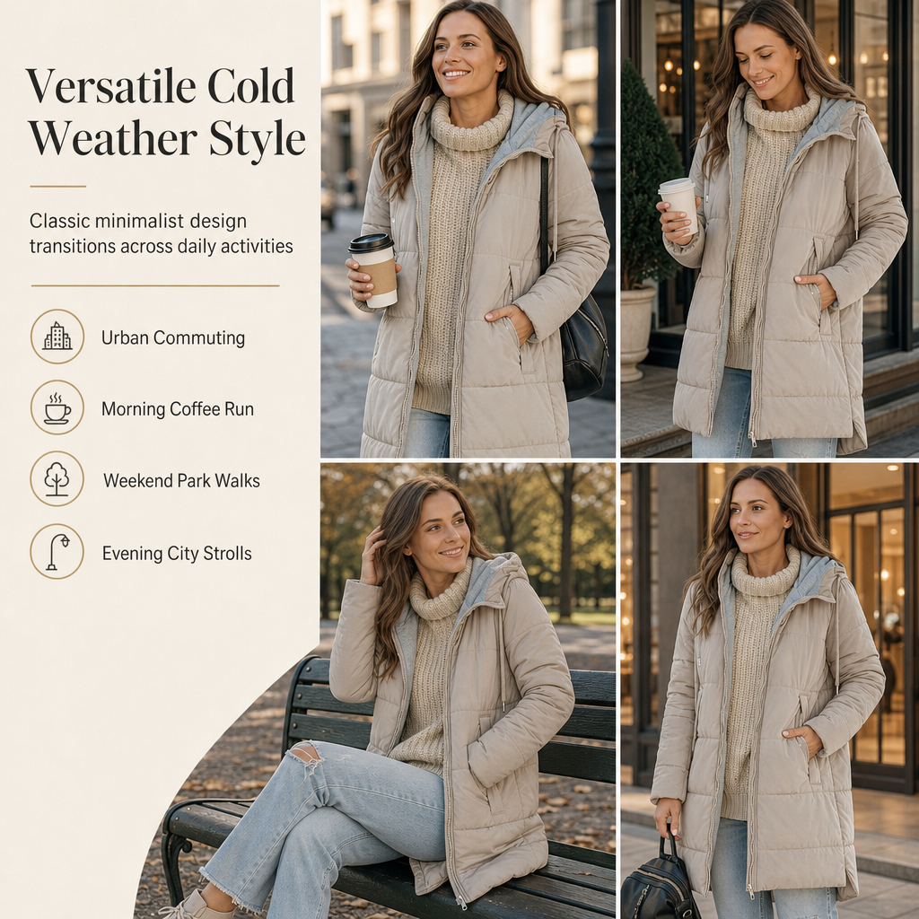 Slim Fit Long Hooded Padded Coat Solid Color Winter with Pockets