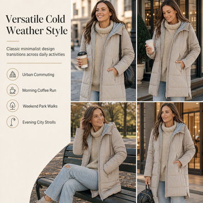 Slim Fit Long Hooded Padded Coat Solid Color Winter with Pockets