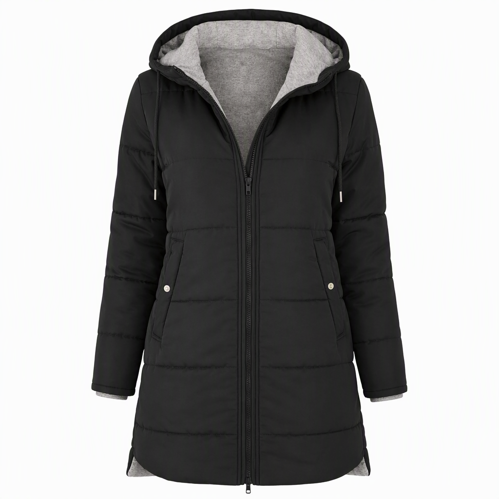 Slim Fit Long Hooded Padded Coat Solid Color Winter with Pockets