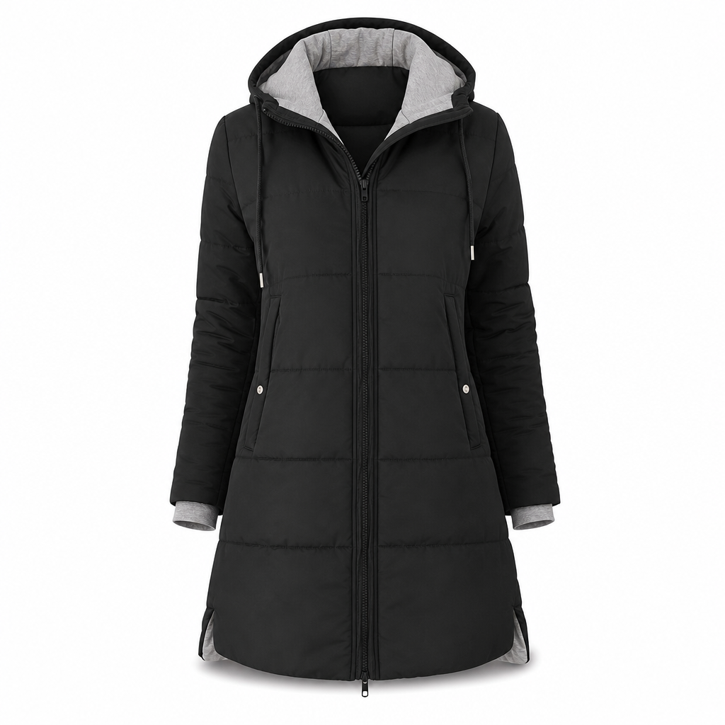 Slim Fit Long Hooded Padded Coat Solid Color Winter with Pockets