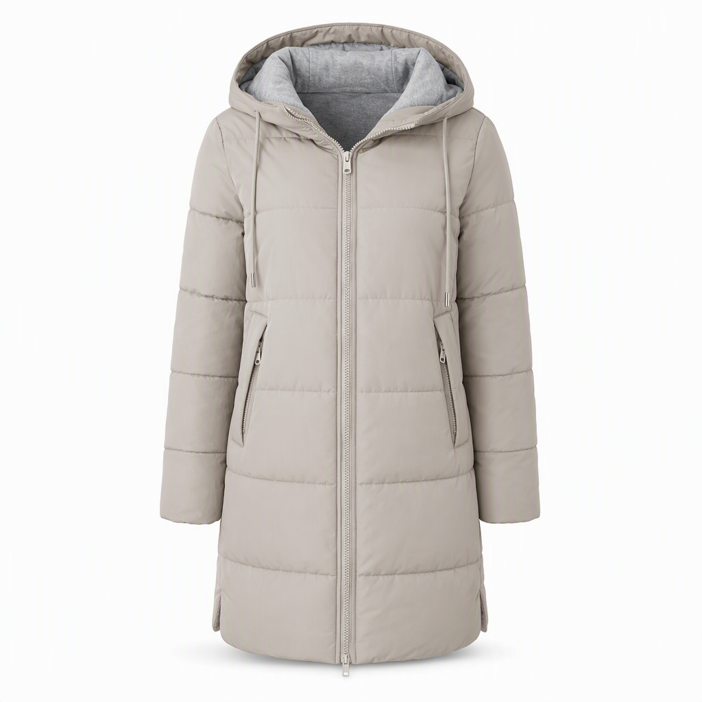 Slim Fit Long Hooded Padded Coat Solid Color Winter with Pockets