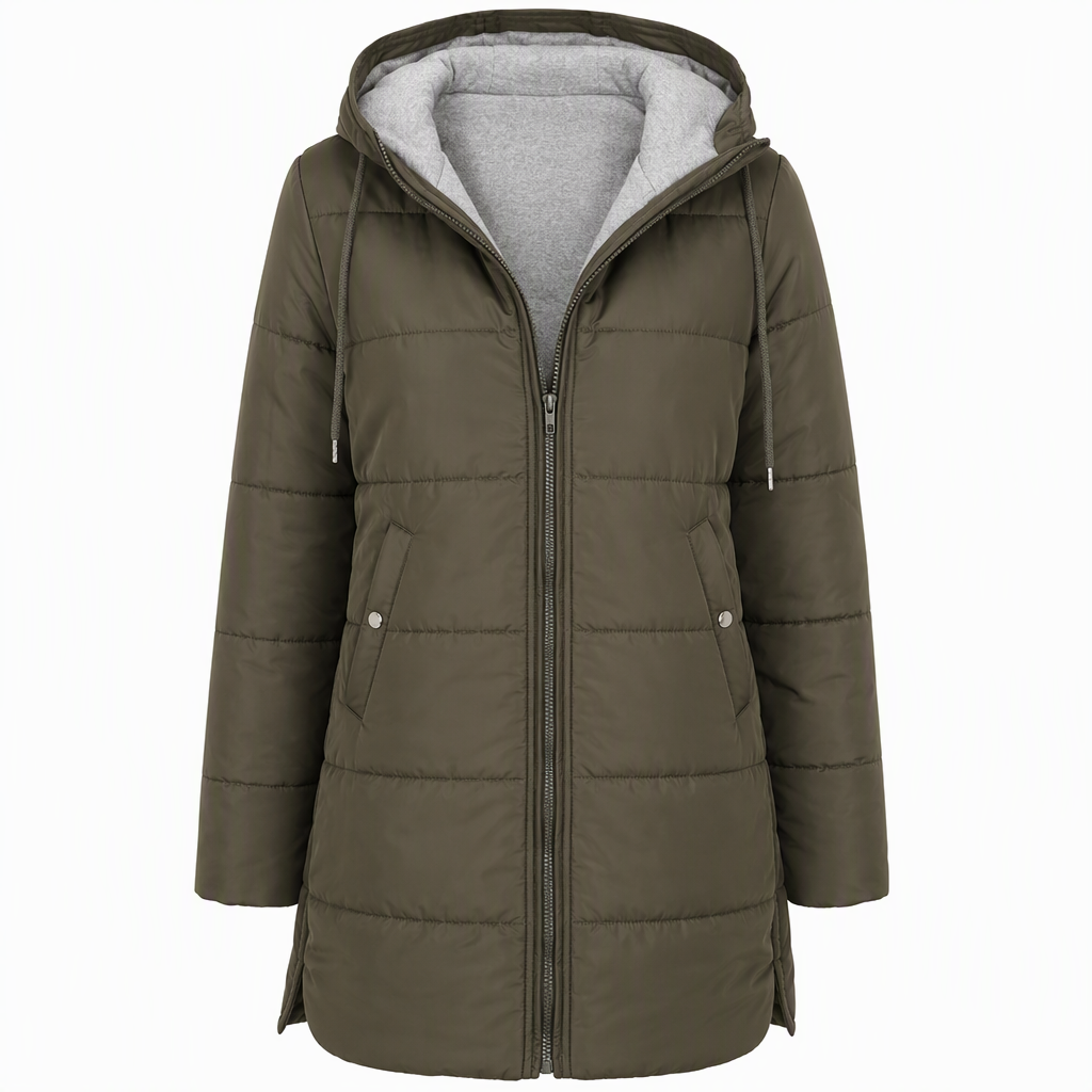 Slim Fit Long Hooded Padded Coat Solid Color Winter with Pockets