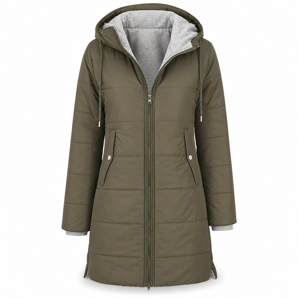 Slim Fit Long Hooded Padded Coat Solid Color Winter with Pockets