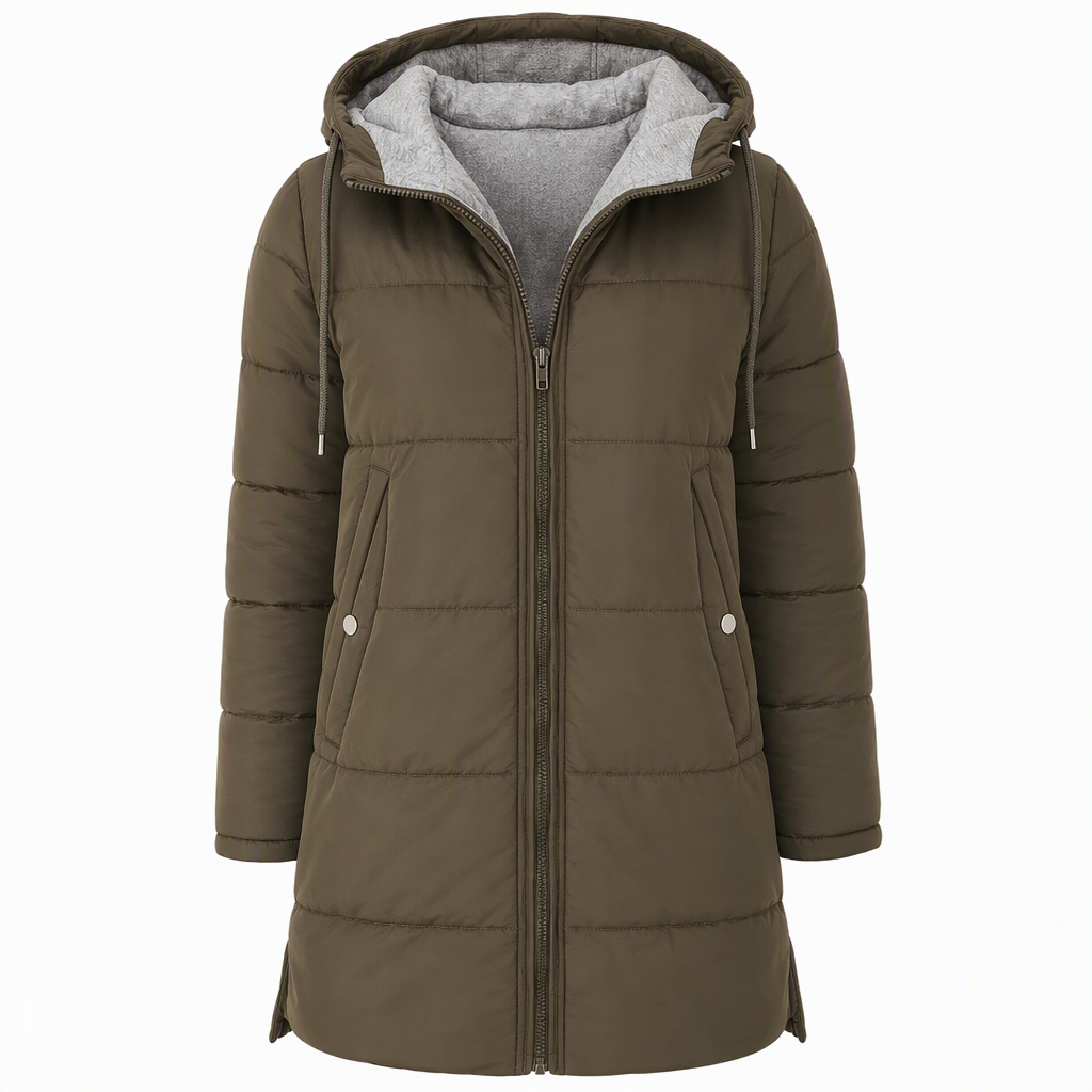 Slim Fit Long Hooded Padded Coat Solid Color Winter with Pockets