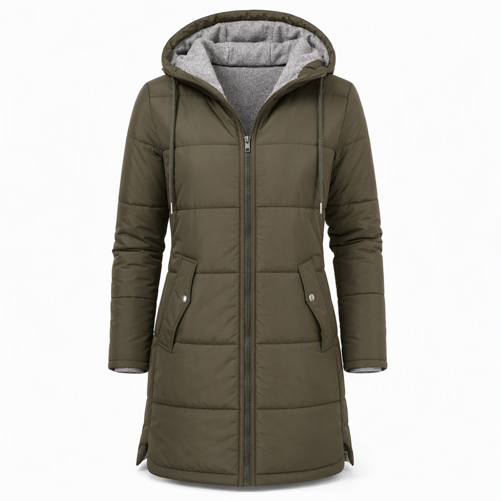 Slim Fit Long Hooded Padded Coat Solid Color Winter with Pockets