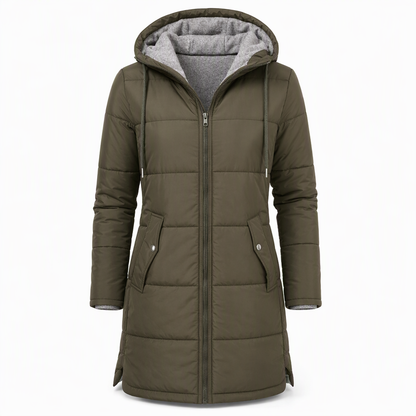 Slim Fit Long Hooded Padded Coat Solid Color Winter with Pockets